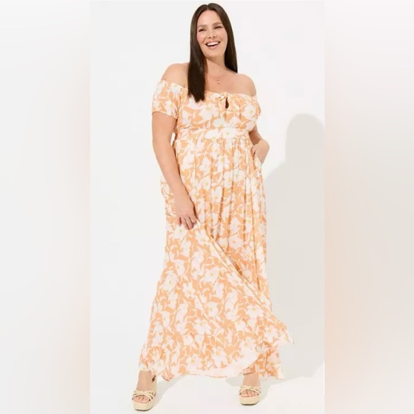 torrid Dresses & Skirts - Torrid Coral Floral Maxi Off Shoulder Dress Size 1X Romantic Flowy Fairy Summer